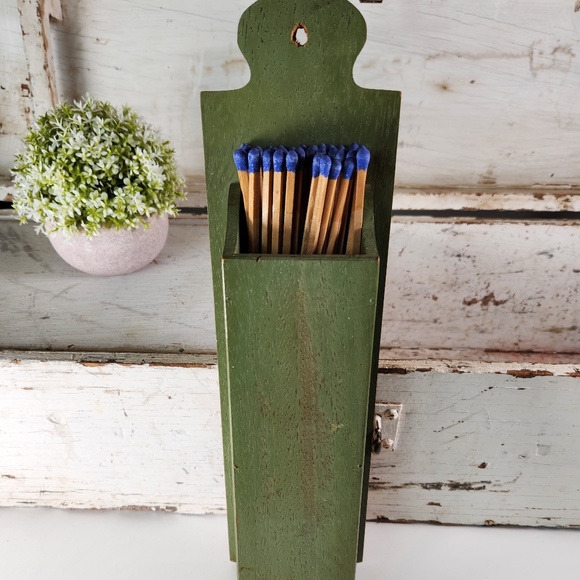 Vintage Other - Vintage Wood Fireplace Match Stick Holder- Wooden Match Stick Box- Moody Green